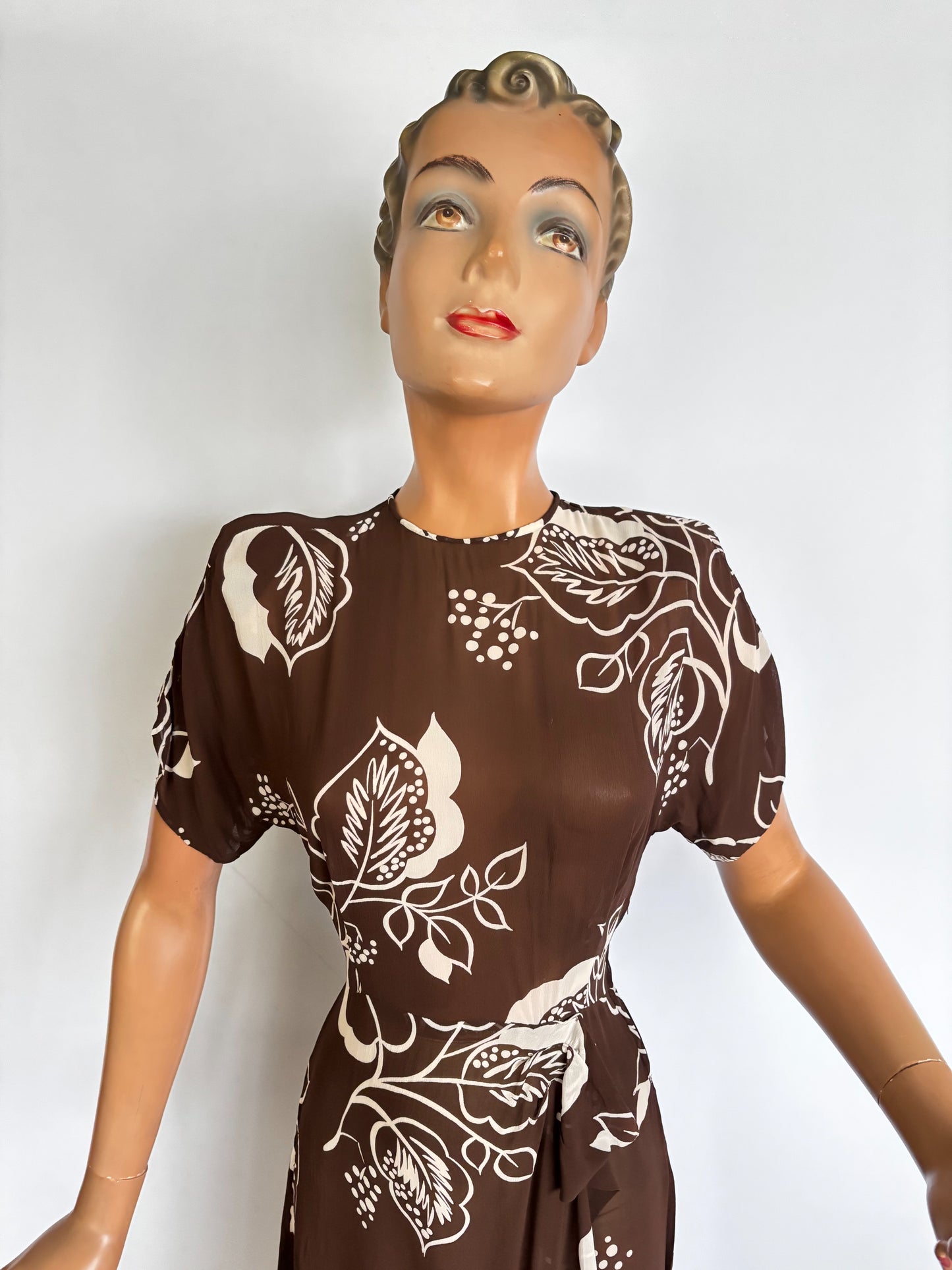 1940s Crepe Organza Leaf Print Dress | S