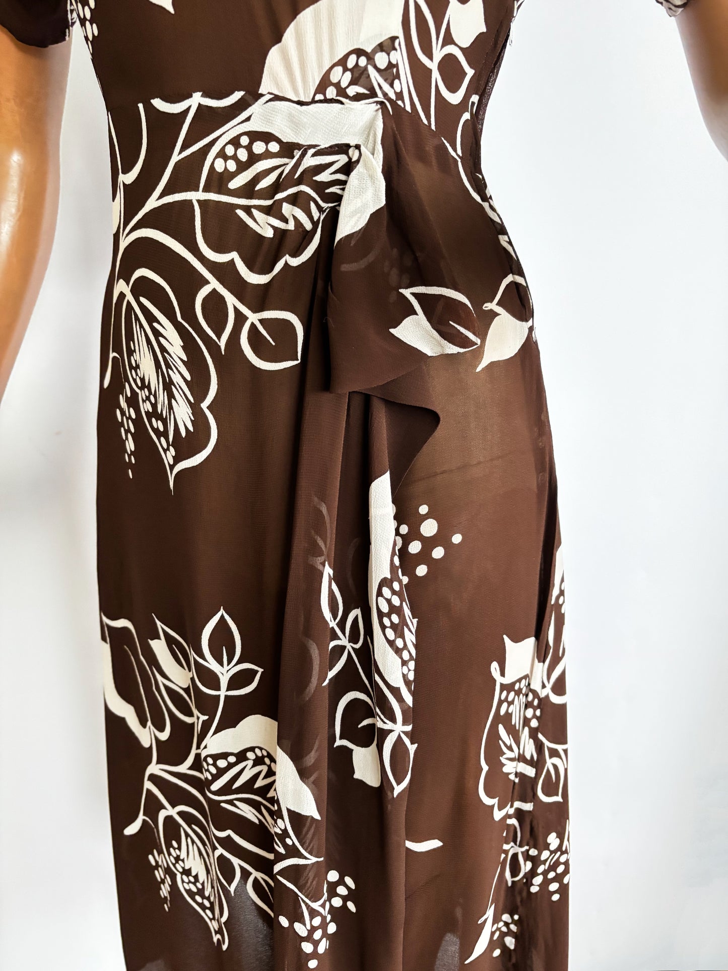 1940s Crepe Organza Leaf Print Dress | S