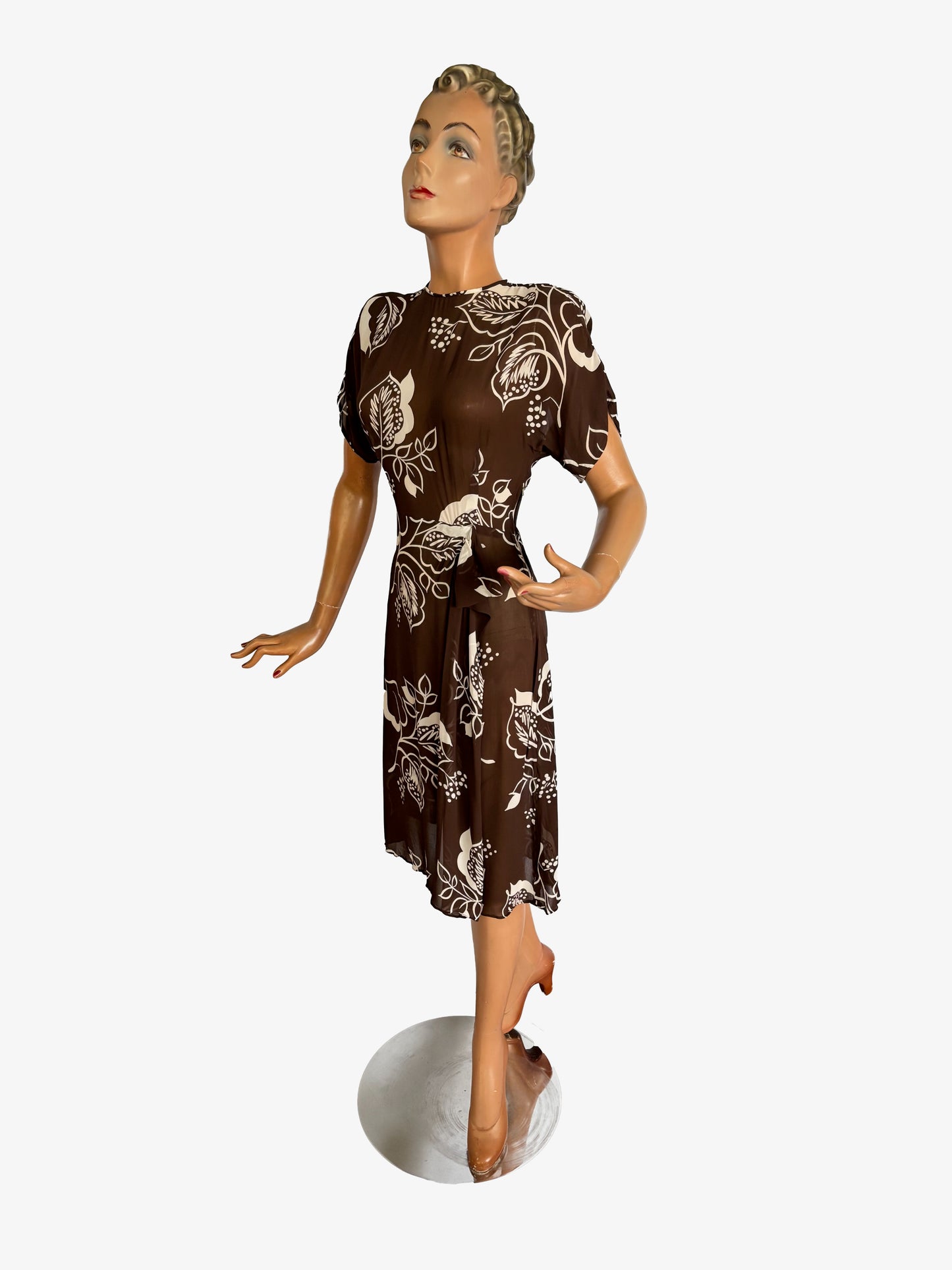 1940s Crepe Organza Leaf Print Dress | S
