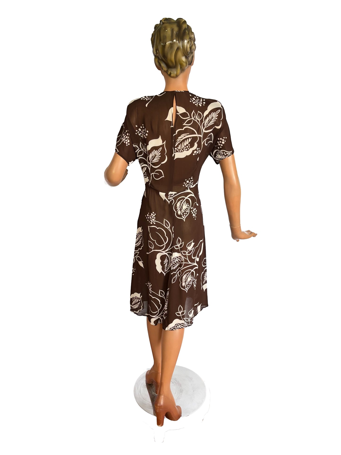 1940s Crepe Organza Leaf Print Dress | S