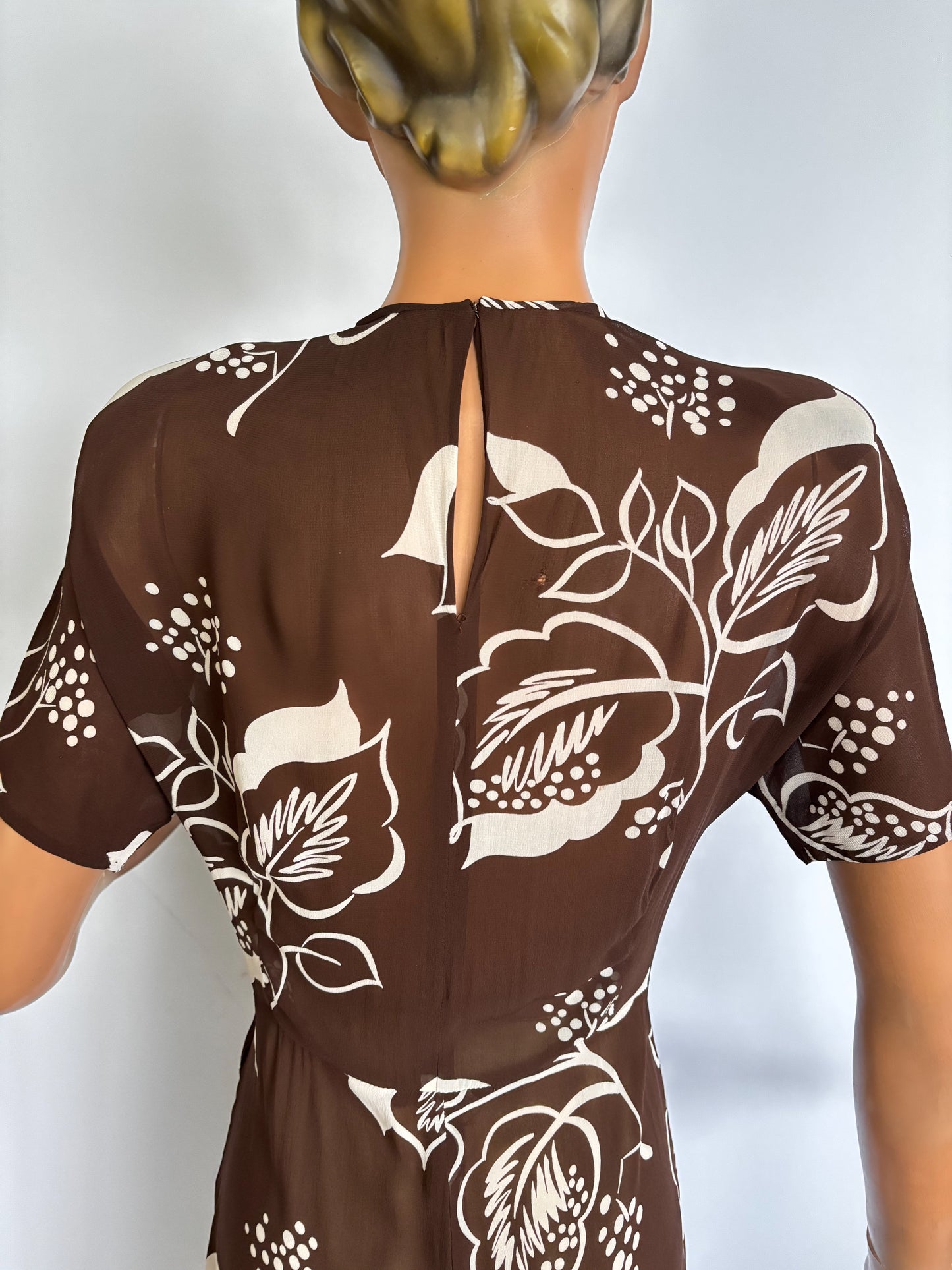1940s Crepe Organza Leaf Print Dress | S