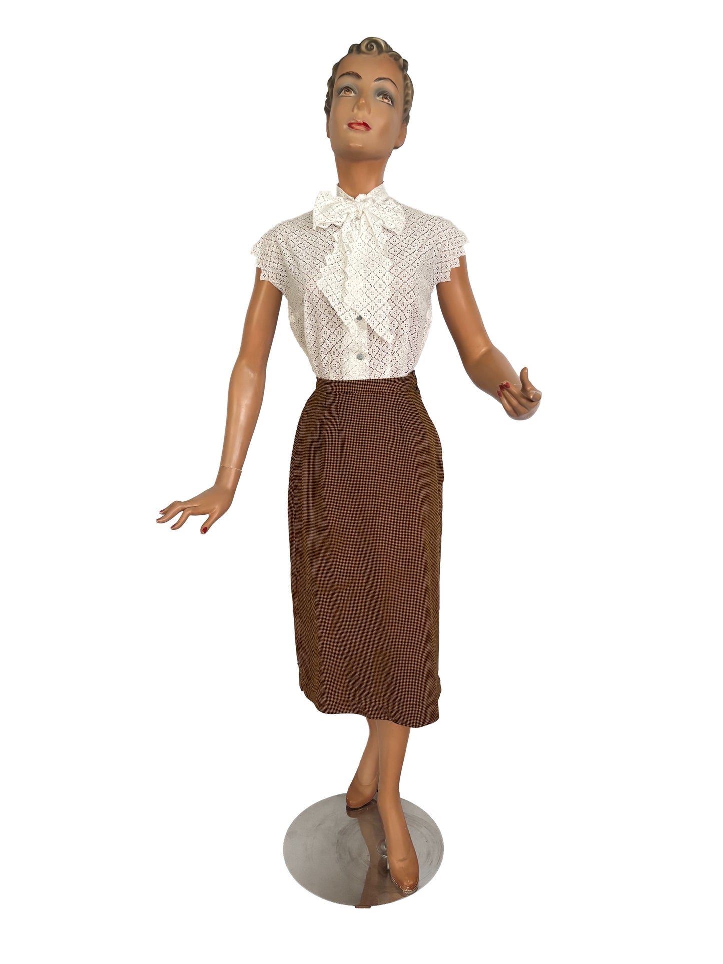 M | 1950s White Cotton Lace Blouse With Pussy Bow