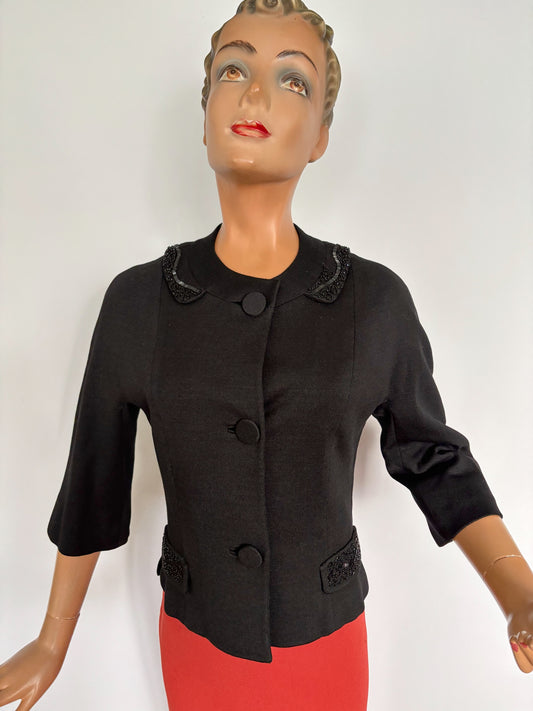 XS/S | 1950s Beaded Wool Gabardine Jacket Suitmaker Montreal