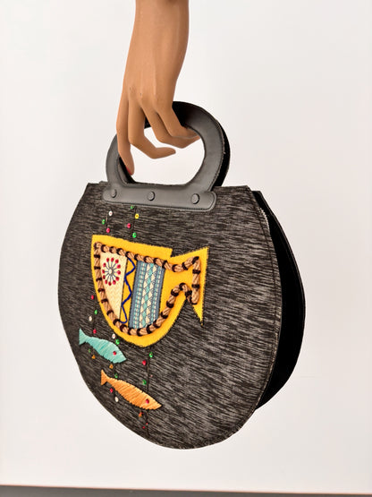Vintage Novelty Fish Handbag | Atomic 1950s Style Raffia Appliqué Bag
