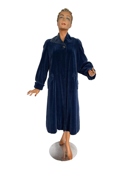 M | 1950s Blue Velvet Swing Coat With Milium Lining