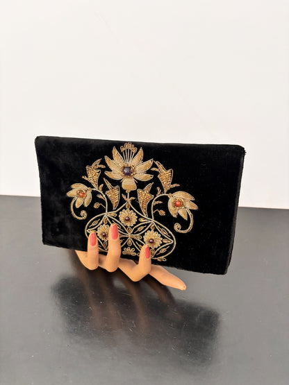 1950s/60s Black Velvet Goldwork Embroidered Clutch