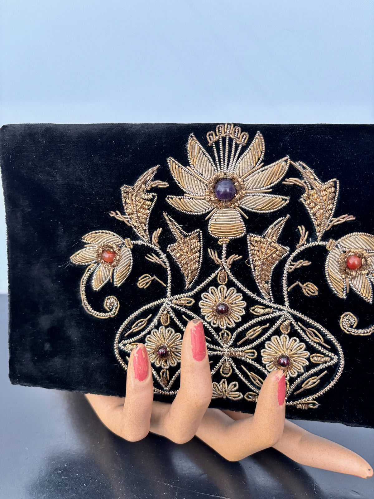 1950s/60s Black Velvet Goldwork Embroidered Clutch
