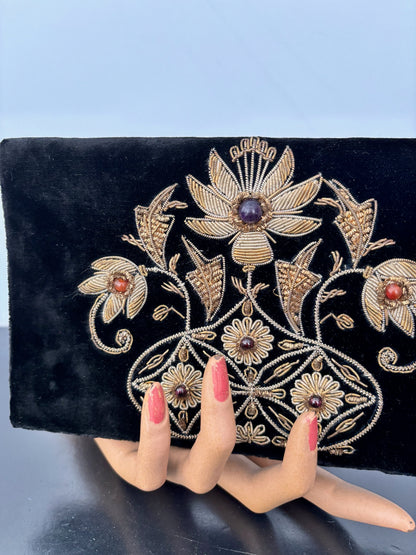 1950s/60s Black Velvet Goldwork Embroidered Clutch