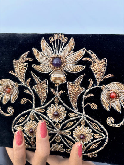1950s/60s Black Velvet Goldwork Embroidered Clutch