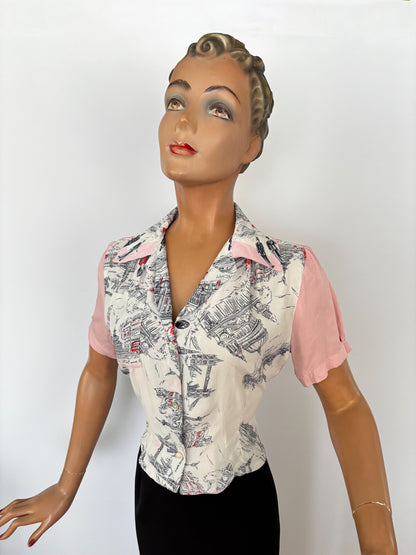 Vintage Tourist Scarf 1940s Style Blouse | M