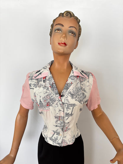 Vintage Tourist Scarf 1940s Style Blouse | M
