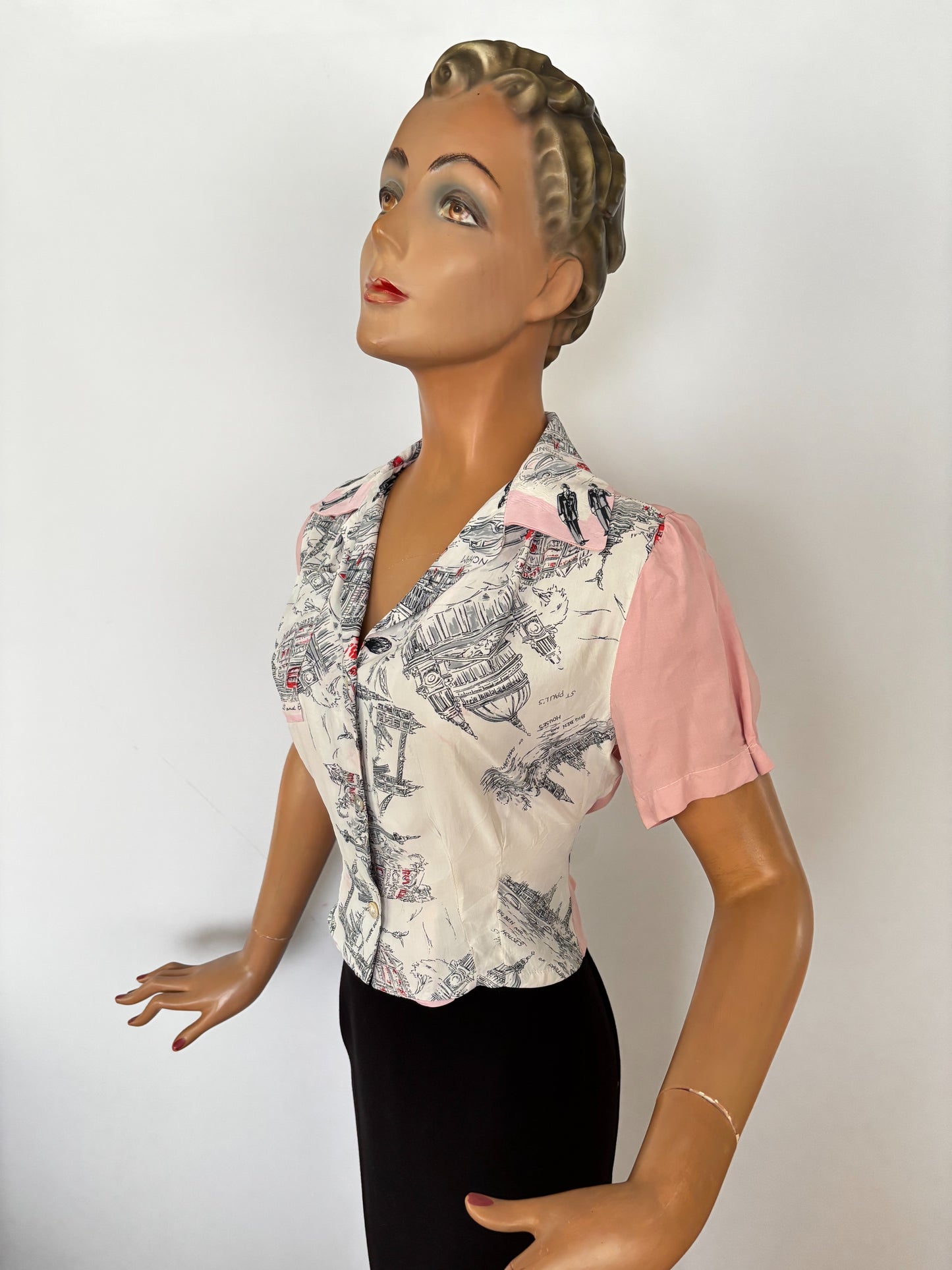 Vintage Tourist Scarf 1940s Style Blouse | M