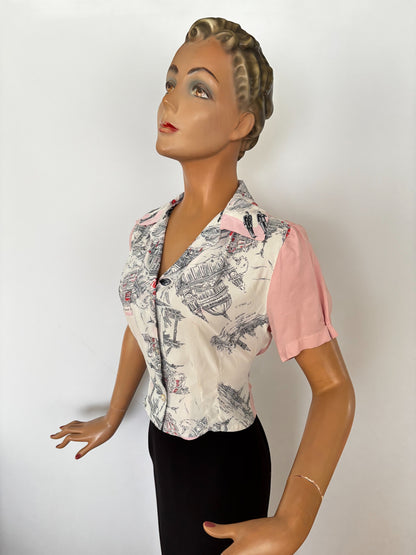 Vintage Tourist Scarf 1940s Style Blouse | M
