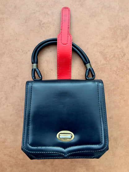 1960s Navy Blue and Red Vinyl Box Handbag