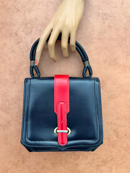 1960s Navy Blue and Red Vinyl Box Handbag