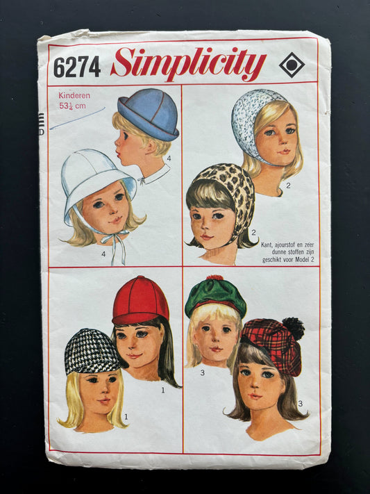 1965 Simplicity 6274 Children's Hats Sewing Pattern - Size 53 1/4 cm Dutch