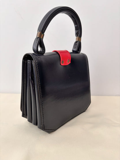 1960s Navy Blue and Red Vinyl Box Handbag