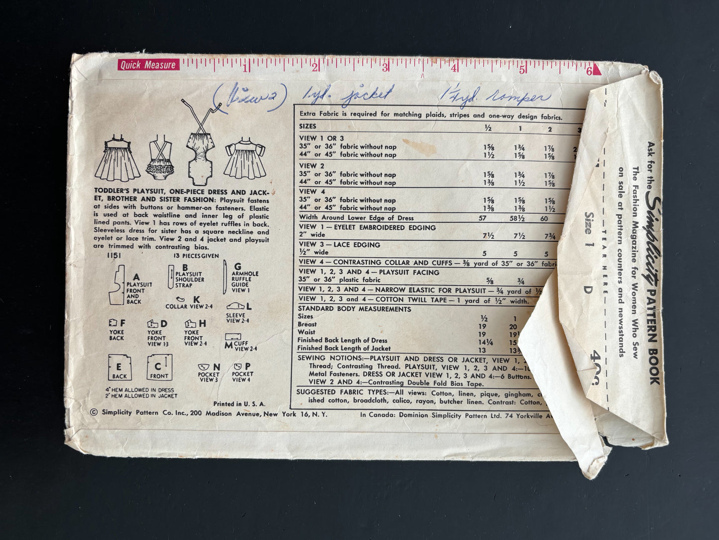 1950s Simplicity 1151 Toddler's Playsuit, One-Piece Dress and Jacket - Size 1
