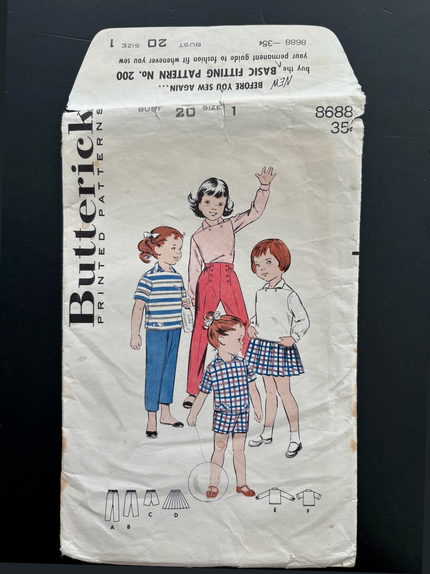 1958 Butterick 8688 Girls Sewing Pattern Pants, Shorts, Skirts, Tops - Size 1