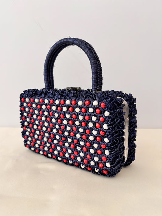 1950s/60s Navy Raffia Box Bag with Red & White Beads