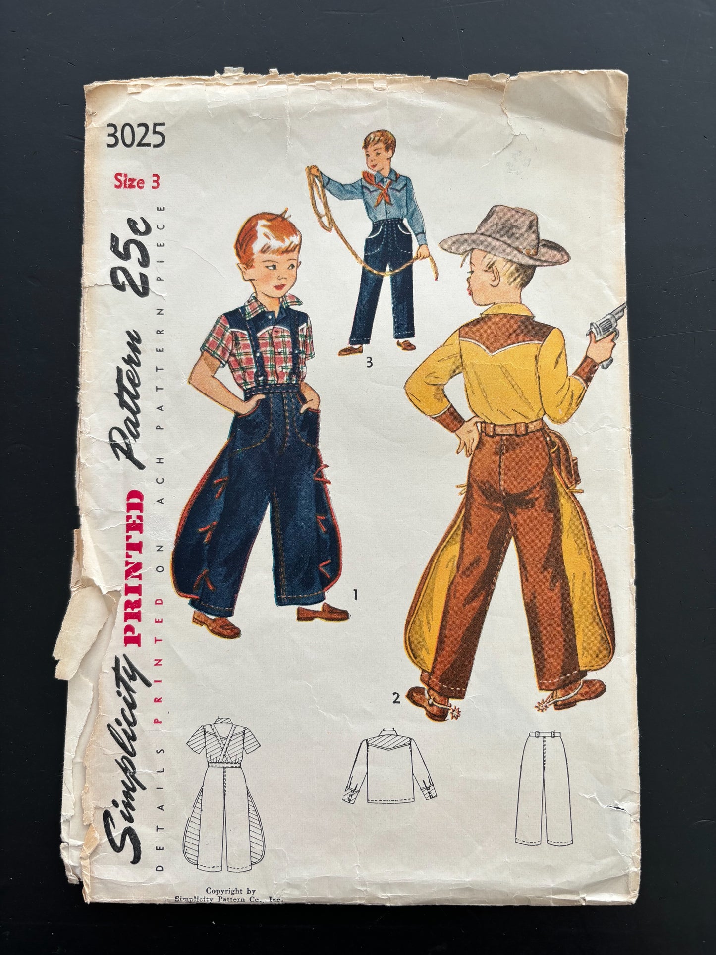 1949 Simplicity 3025 Sewing Pattern Boys' Western Shirt and Pants - Size 3