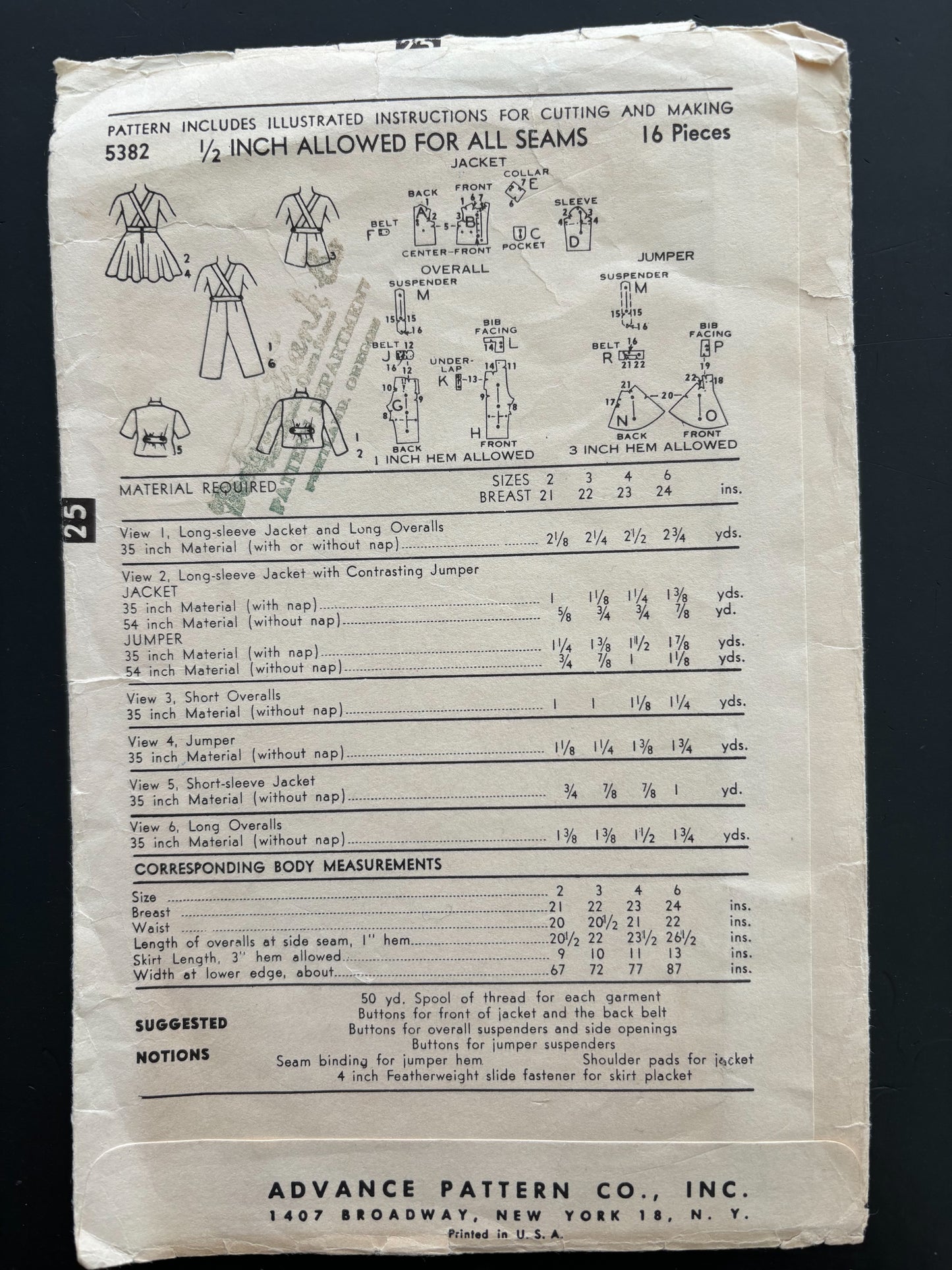 1950s Advance 5382 Sewing Pattern Toddlers Jacket Jumper Overalls - Size 2