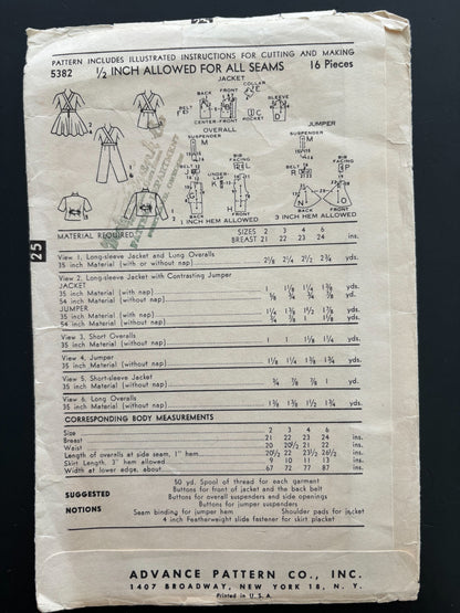 1950s Advance 5382 Sewing Pattern Toddlers Jacket Jumper Overalls - Size 2