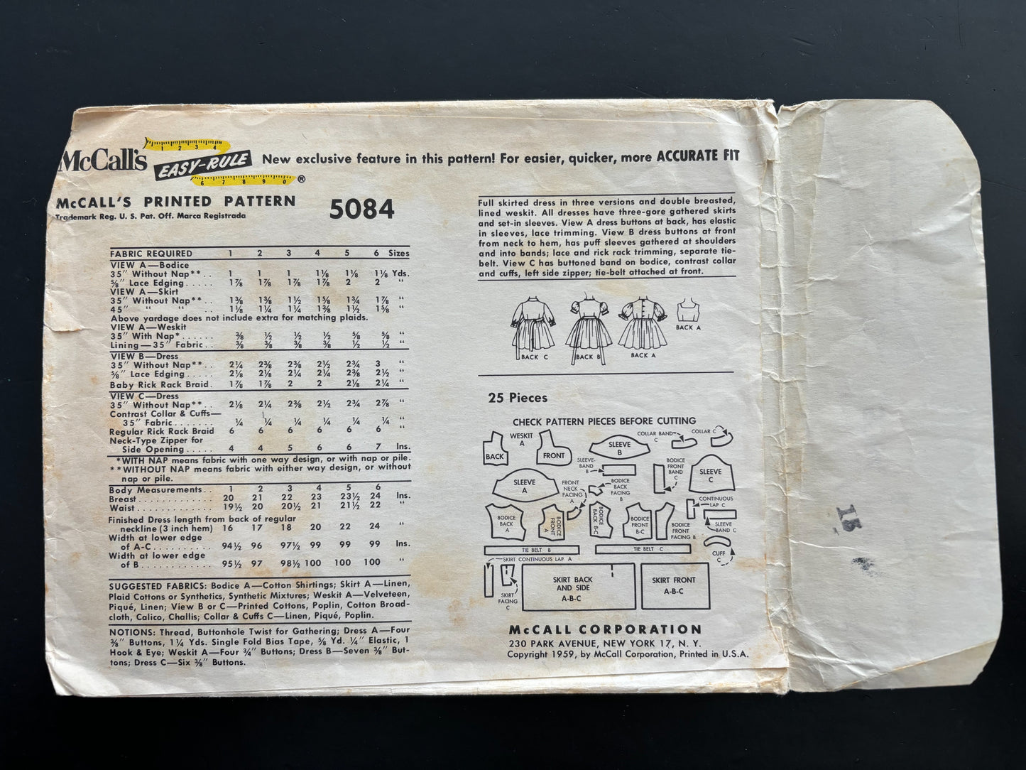 1959 McCall's 5084 Child's Dress and Weskit - Size 4