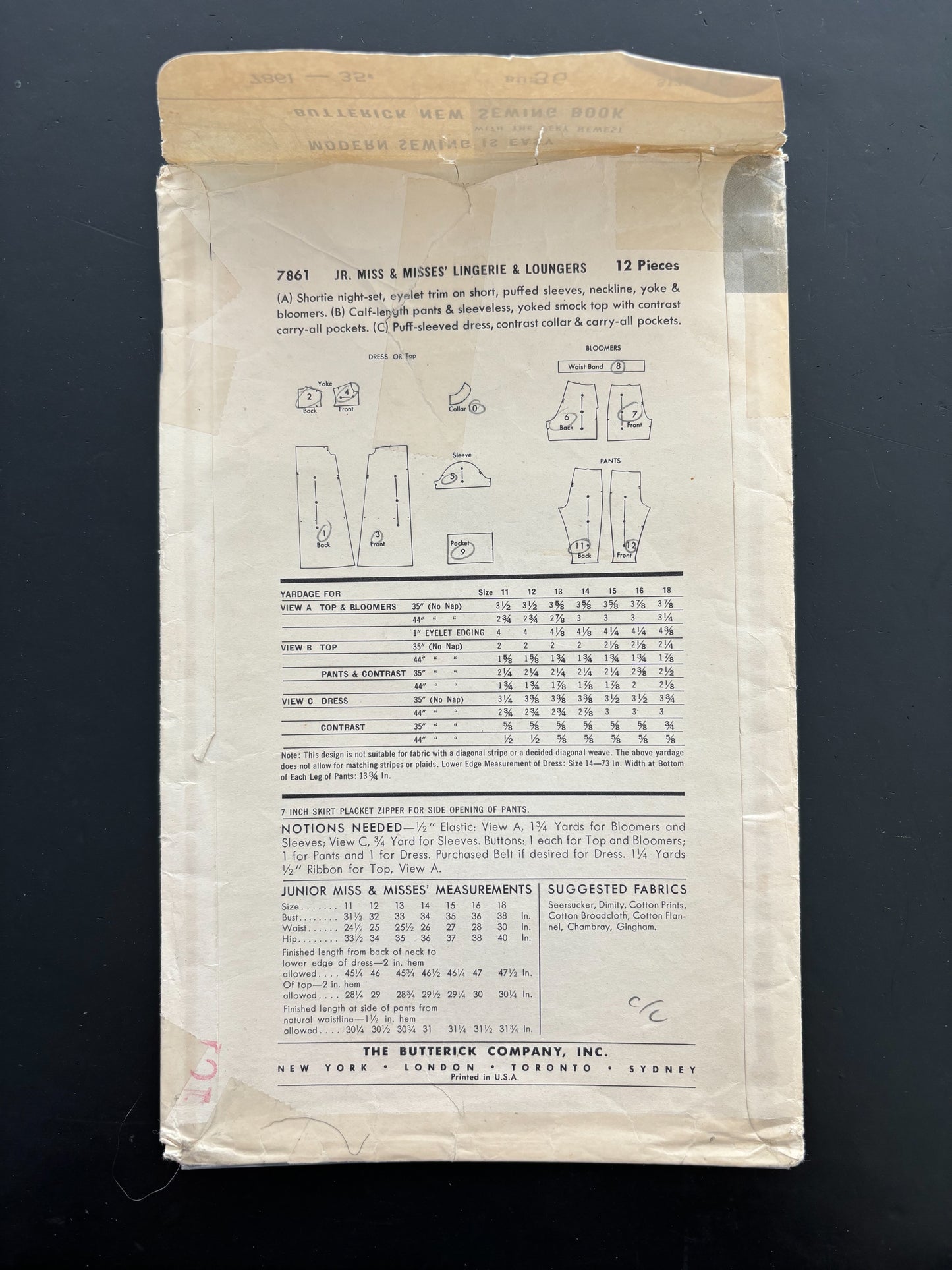 1956 Butterick 7861 Sewing Pattern Jr. Miss & Misses' Lingerie and Loungers - Size 16