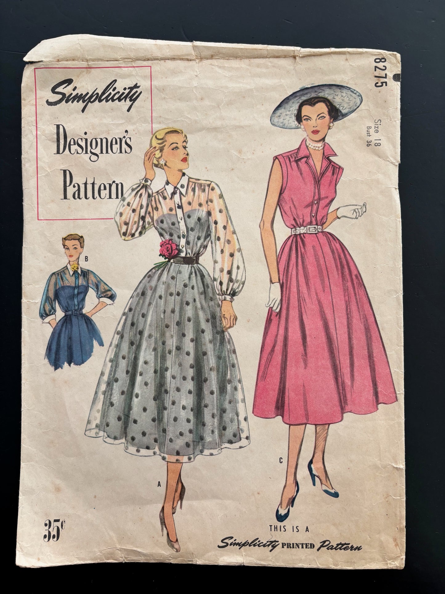 1950s Simplicity Designers 8275 Sewing Pattern Misses' One-Piece Dress with Detachable Collar and Cuffs - Size 18