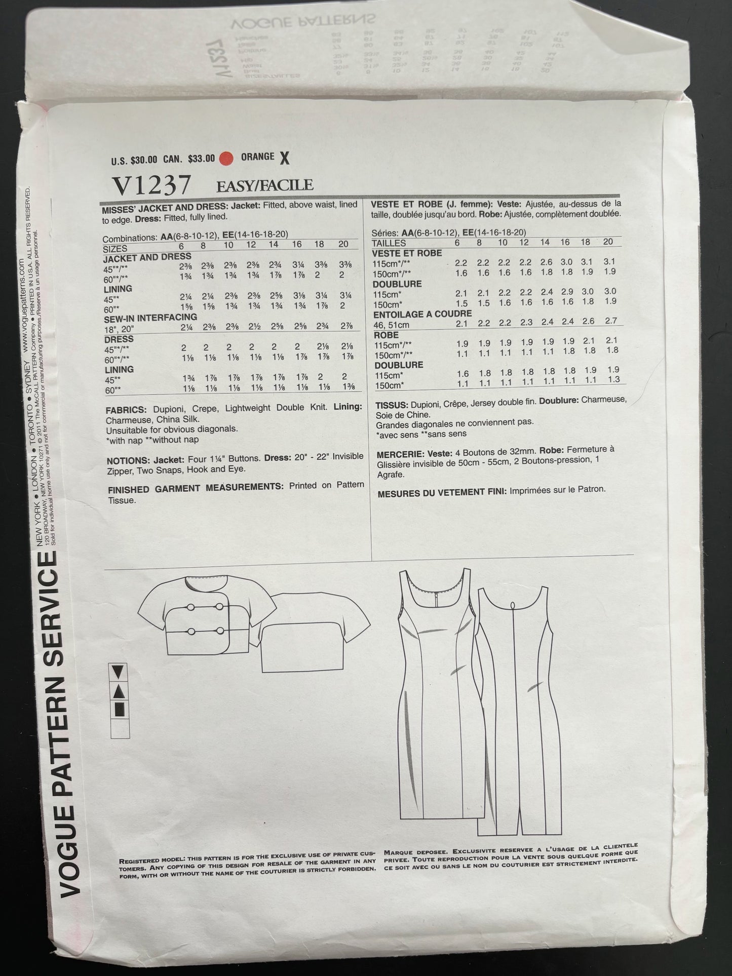 Vogue Pattern American Designer V1237 Sewing Pattern Tom and Linda Platt Misses' Fitted, Princess Seam Dress & Cropped Jacket - Size 14-20