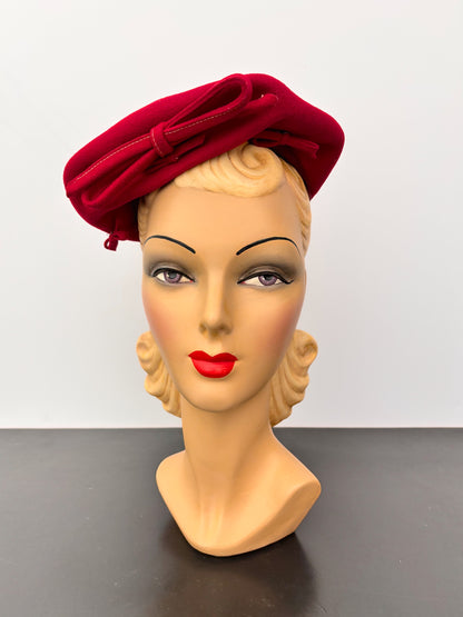 1940s Red Felt Tilt Beret with Bows