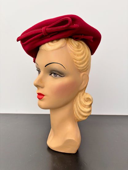 1940s Red Felt Tilt Beret with Bows