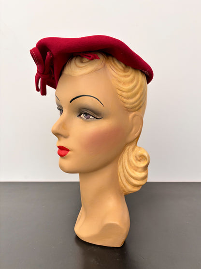 1940s Red Felt Tilt Beret with Bows