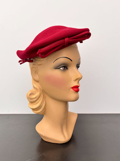 1940s Red Felt Tilt Beret with Bows