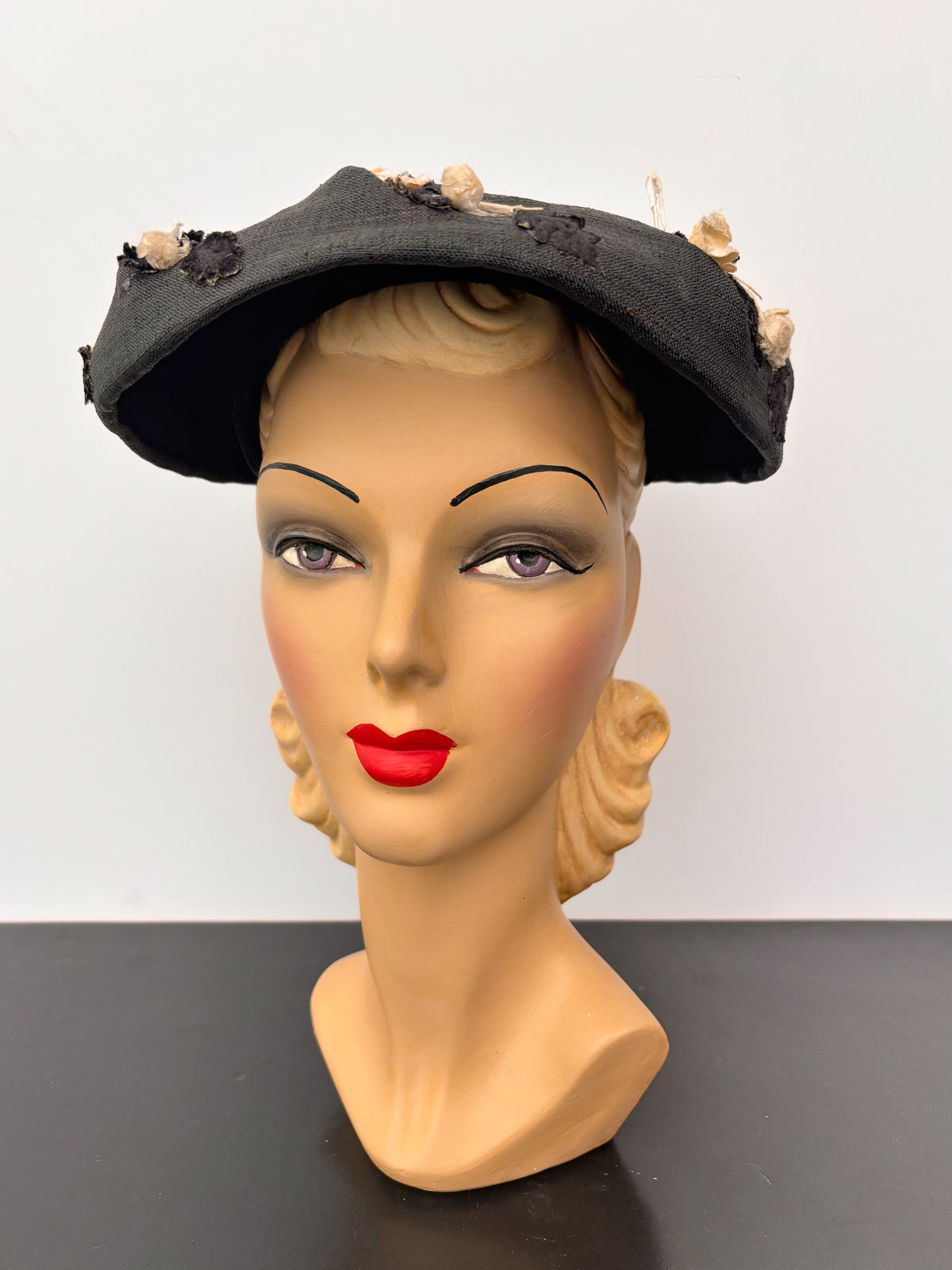 1950s Black Linen Wide Brim Hat Eva Mae Modes