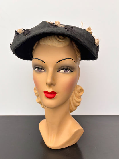 1950s Black Linen Wide Brim Hat Eva Mae Modes