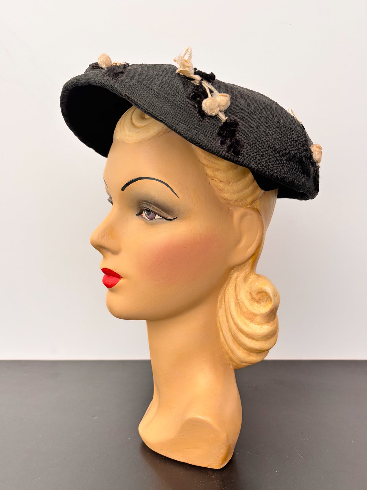 1950s Black Linen Wide Brim Hat Eva Mae Modes