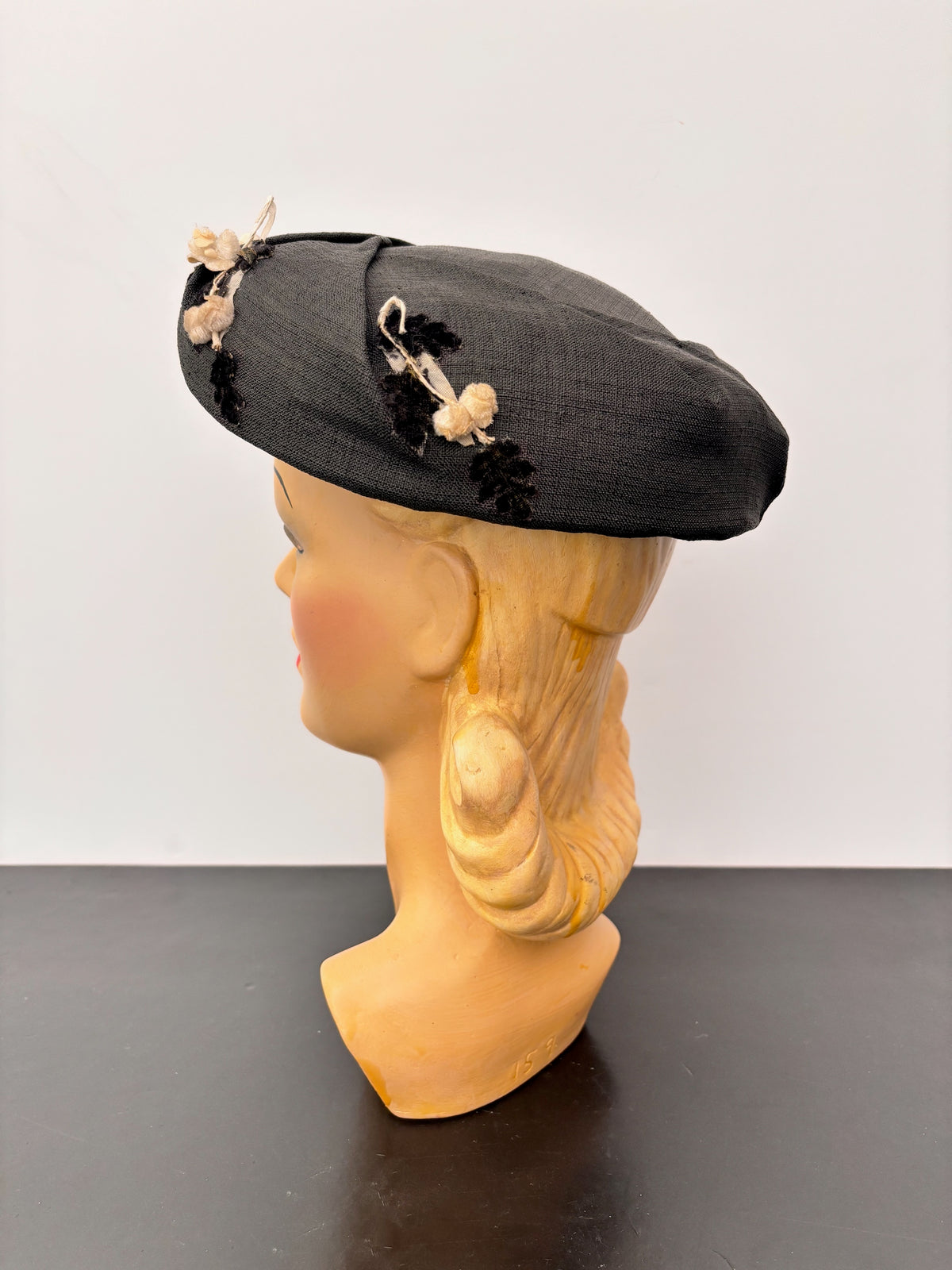 1950s Black Linen Wide Brim Hat Eva Mae Modes