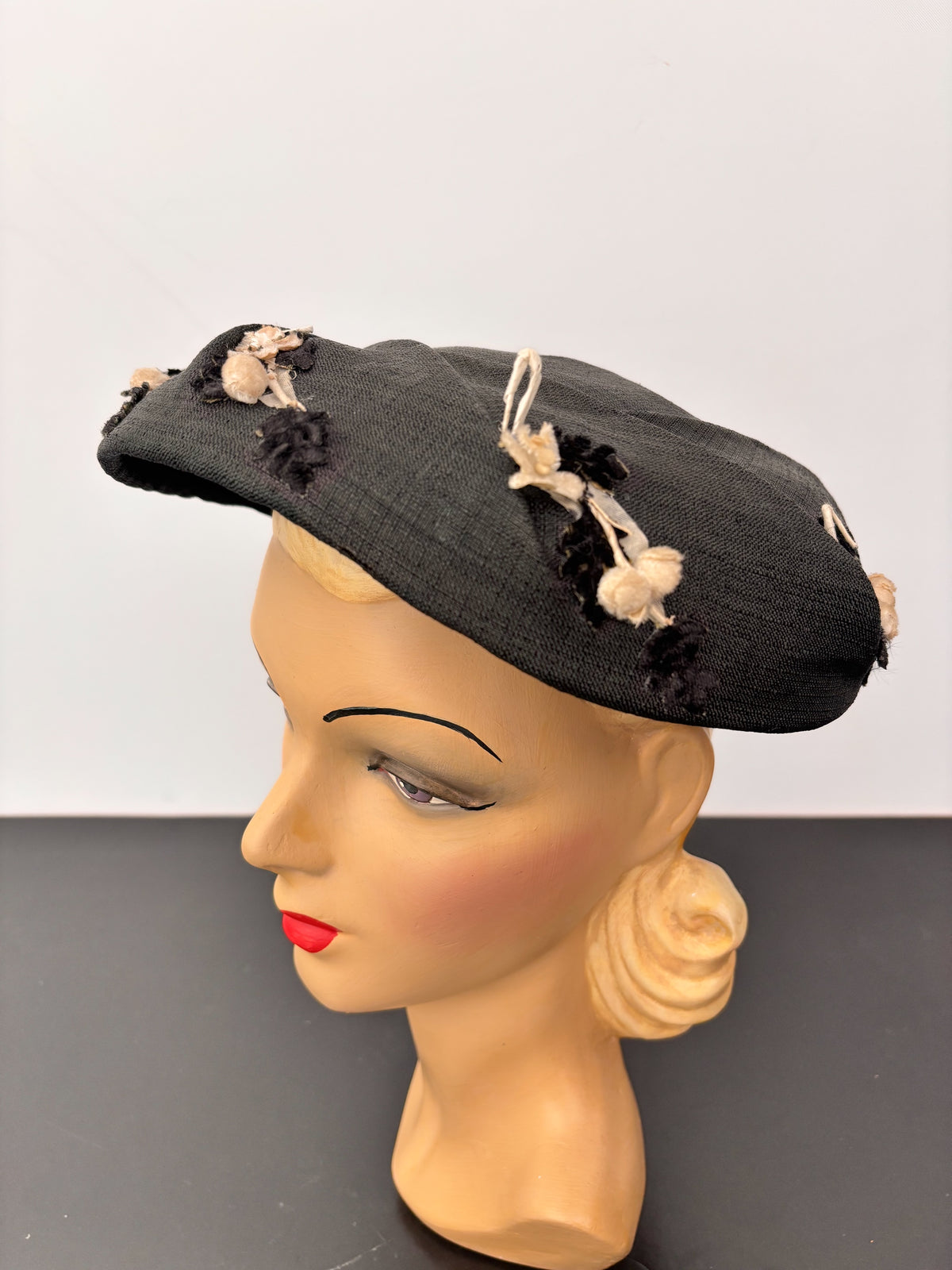 1950s Black Linen Wide Brim Hat Eva Mae Modes