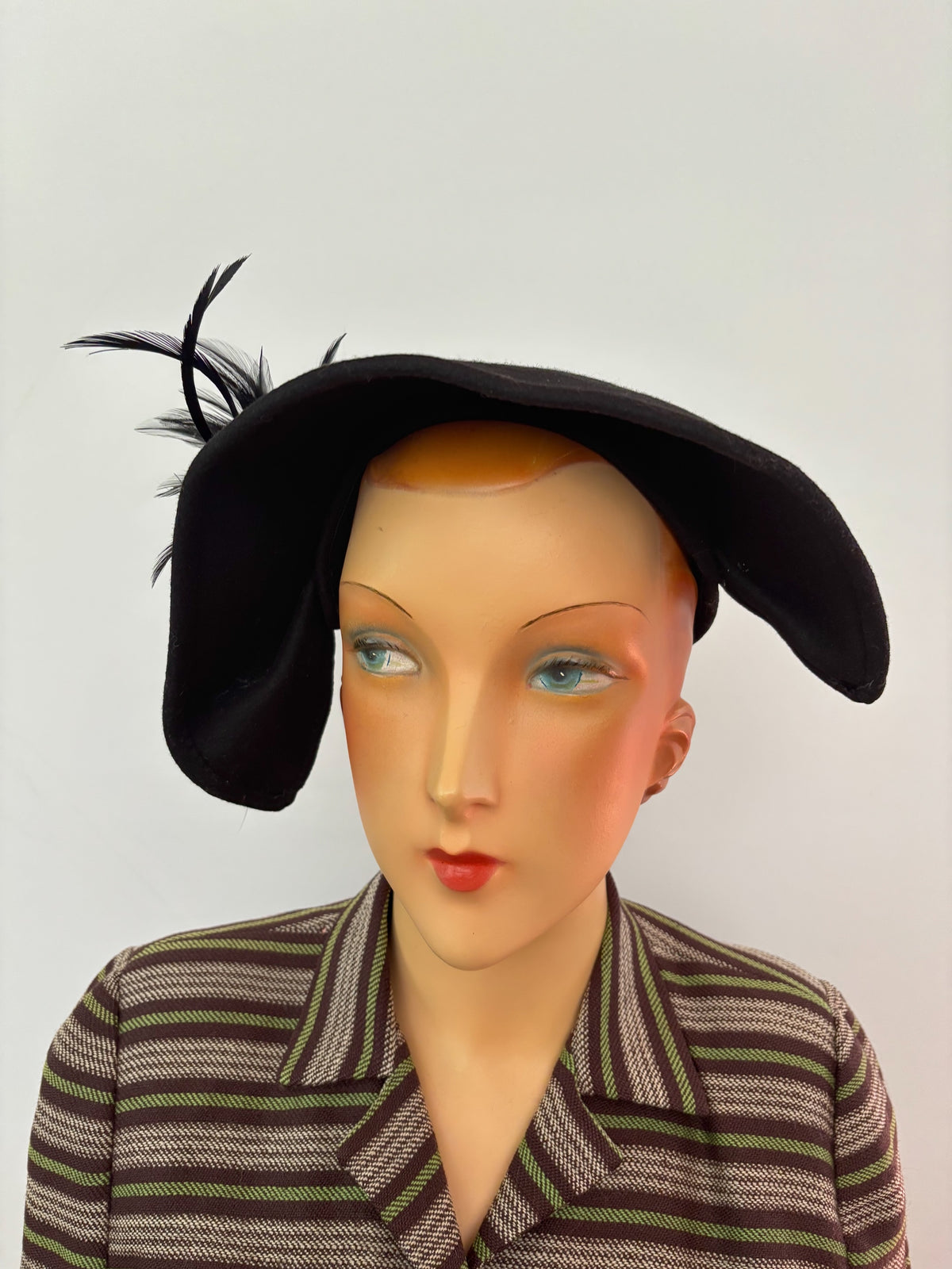 1940s Black Felt Asymmetrical Tilt Hat With Feather Trim