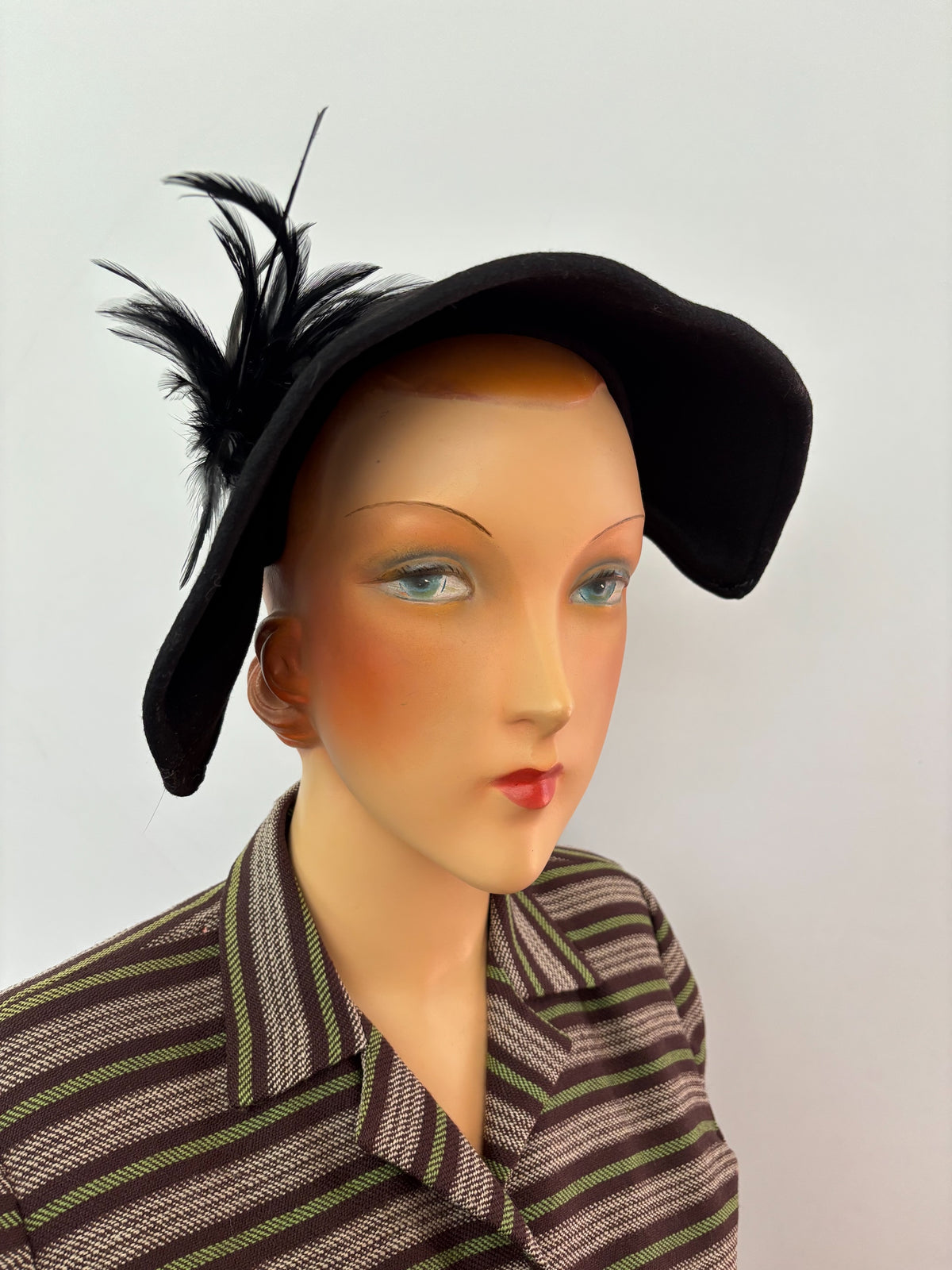 1940s Black Felt Asymmetrical Tilt Hat With Feather Trim