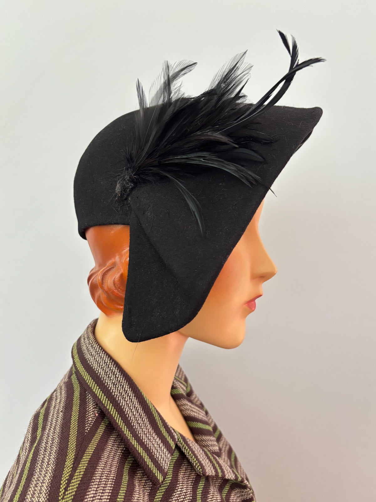 1940s Black Felt Asymmetrical Tilt Hat With Feather Trim