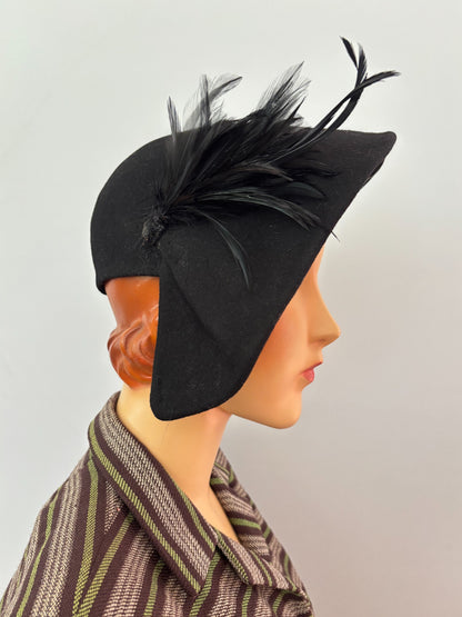 1940s Black Felt Asymmetrical Tilt Hat With Feather Trim
