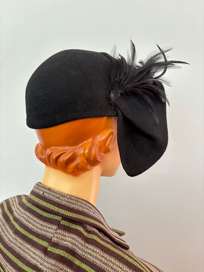 1940s Black Felt Asymmetrical Tilt Hat With Feather Trim
