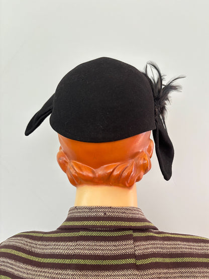 1940s Black Felt Asymmetrical Tilt Hat With Feather Trim