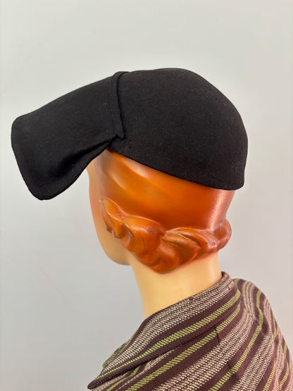 1940s Black Felt Asymmetrical Tilt Hat With Feather Trim