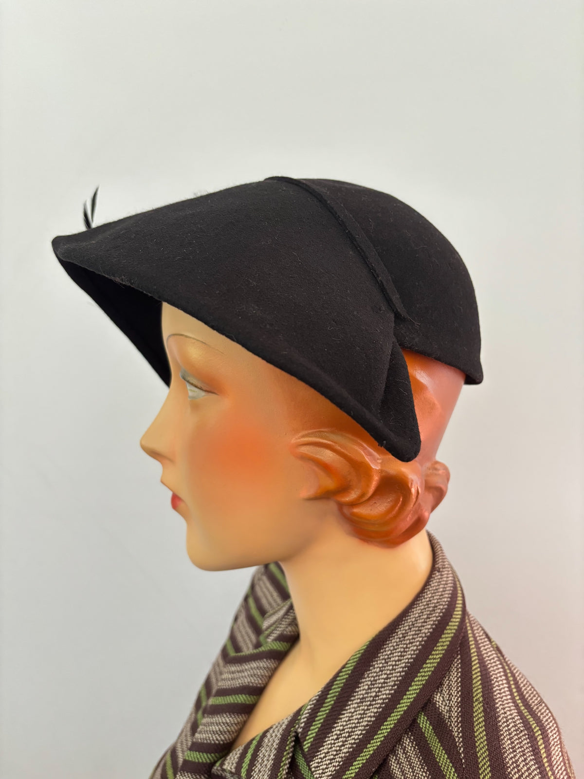 1940s Black Felt Asymmetrical Tilt Hat With Feather Trim