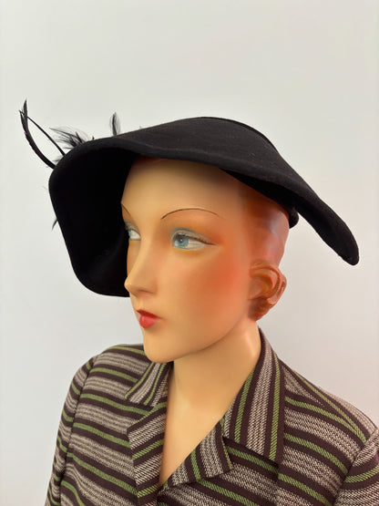 1940s Black Felt Asymmetrical Tilt Hat With Feather Trim