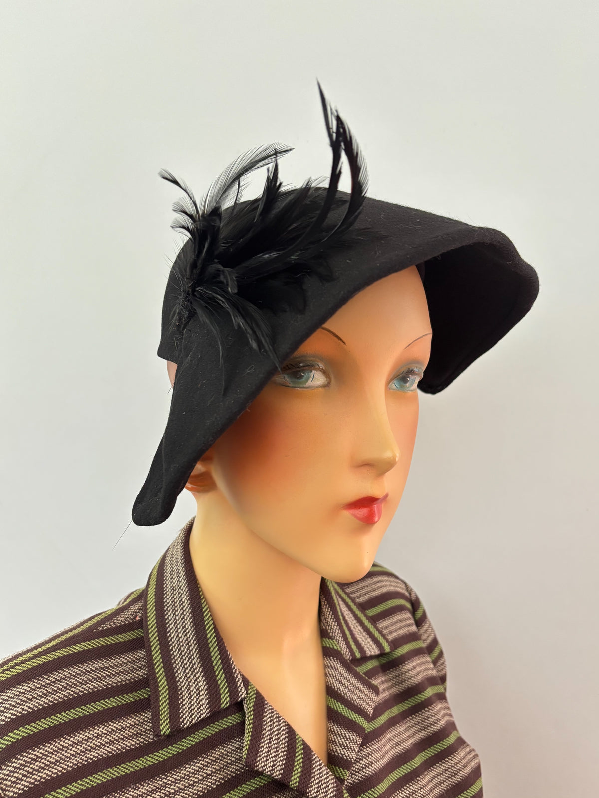 1940s Black Felt Asymmetrical Tilt Hat With Feather Trim